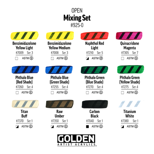 Golden Open Acrylics - Mixing Colors, Set of 12 with Thinner, 22 ml