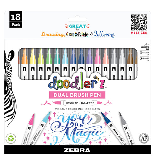Zebra Doodler'z Dual Brush Pens, 18 Color Set