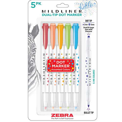 Zebra Mildliner Dual Tip Dot Marker, 5 Assorted Color Set