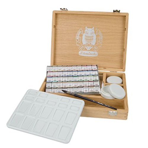 Schmincke Horadam Aquarelle 60 x 1/2 pans Wooden Box Set with Porcelain  Palette and 2 Paintbrushes