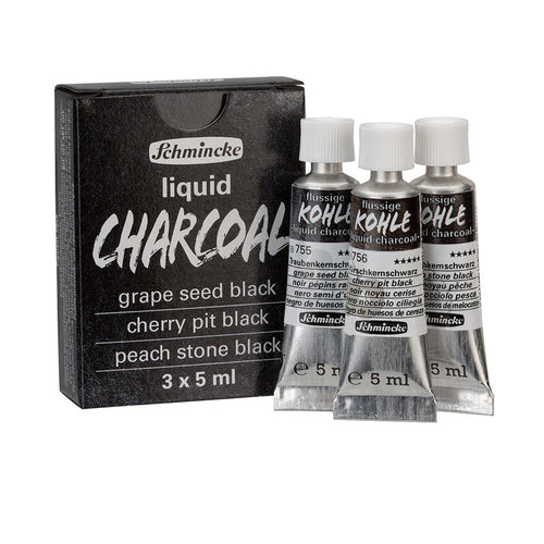 Schmincke Liquid Charcoal Trio: Grape Seed Black, Cherry Pit Black, Peach Stone Black, 5ml tubes